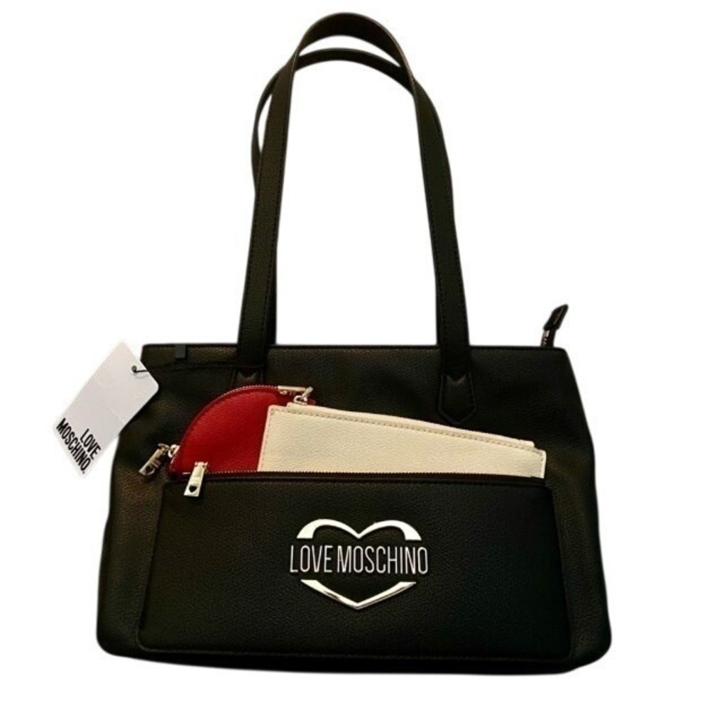 Love Moschino Black Tote Bag Heart Logo Pouch Set Coin Purse NWT‎ Shopper